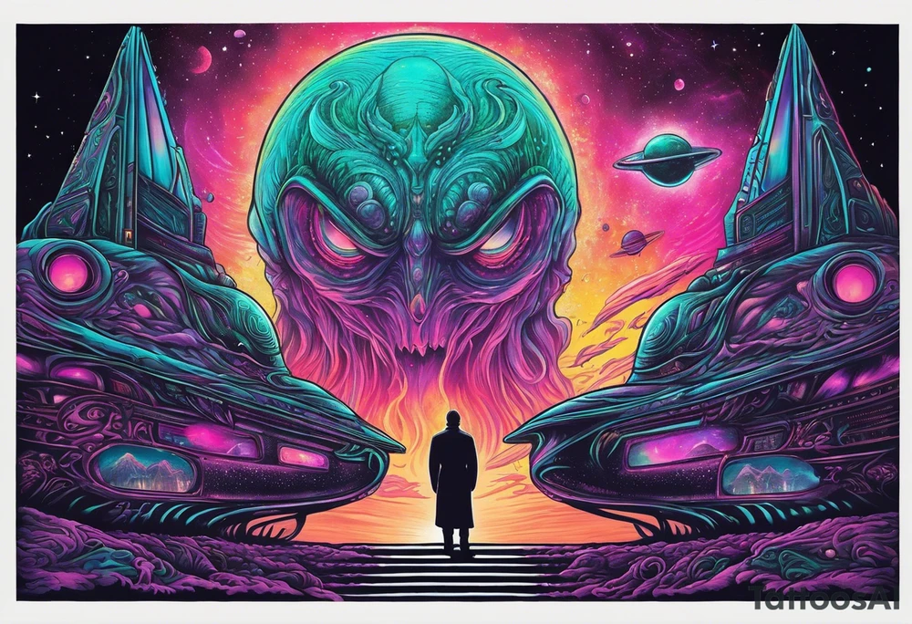 Full Back, synthwave, colossal Alien entities and space stuff, small human on The foreground in awe of The sheer scale of The infinite universe, More absurdist Aliens, Cthulhu-esque Alien pope, More spaceships tattoo idea