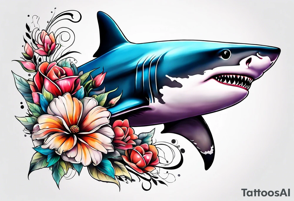 shark with flowers tattoo idea