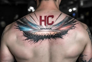 A forearm piece showing the HC Sparta arena lit in blue and red lights, with roaring crowd silhouettes. tattoo idea