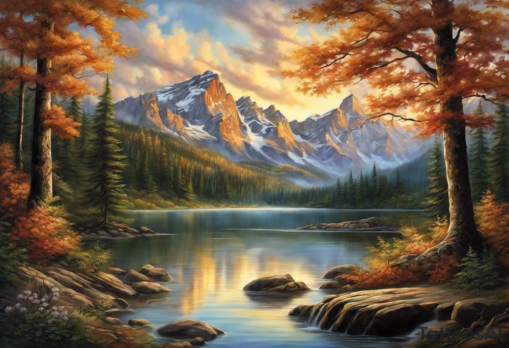 I want a large tattoo with a super realistic paw print, within the paw print I want a landscape and I want it to be lifelike texture and shading, especially on the nails. Inside the paw print, there's a detailed nature scene: mountains, a lake, a stream, and southern oak trees with wide canopies like a traditional southern background. Keep the peeks of the mountains soft. The sun peeks over the mountains, shining and reflecting over the land and water, with realistic shading for depth. Around the paw print, l'd like a splotchy, fading background for a natural, textured look, but without any animals. The overall style should be detailed and realistic, with strong shading and dimension. No color and very realistic in the paw. tattoo idea