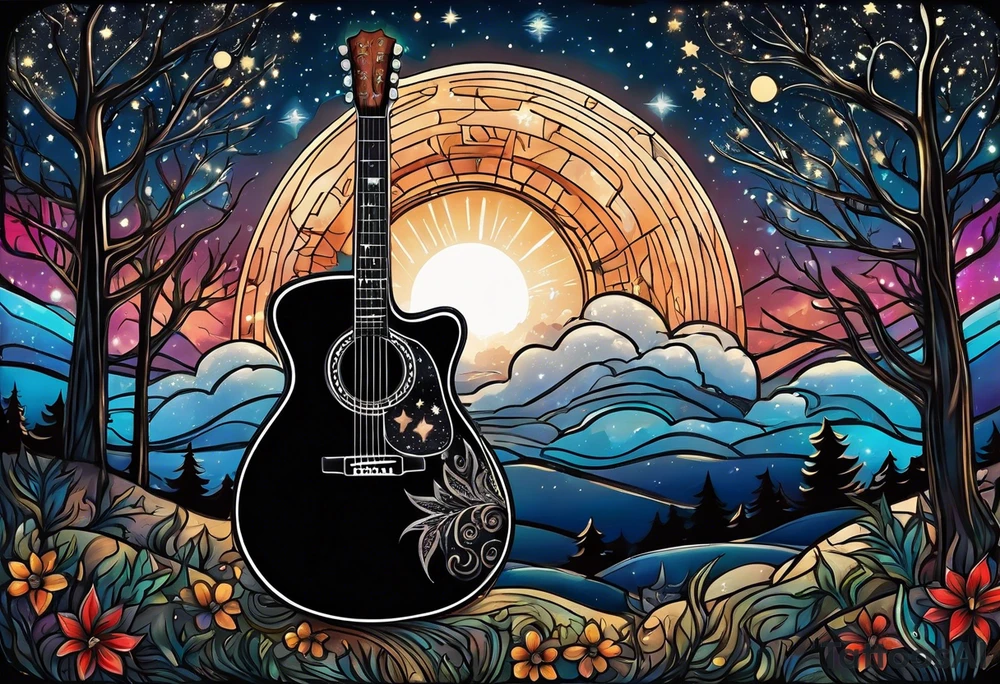 acoustic black guitar made out of trees and a night sky with a bright star tattoo idea