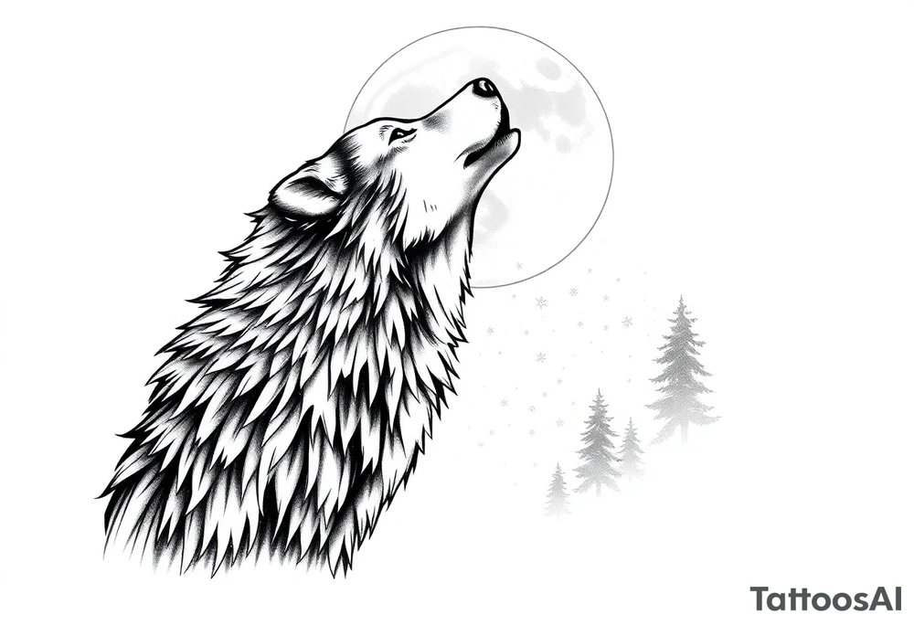 lone wolf howling at full moon with northern lights backdrop tattoo idea