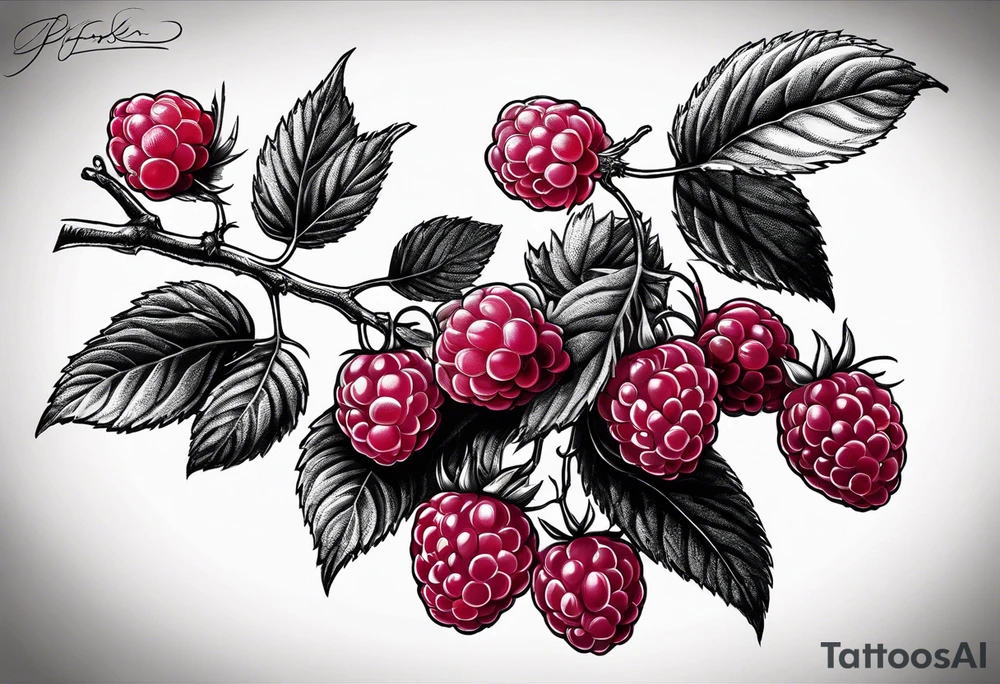 a long raspberry branch that focuses on line work. Includes a small signature somewhere that is signed "Popkin" tattoo idea