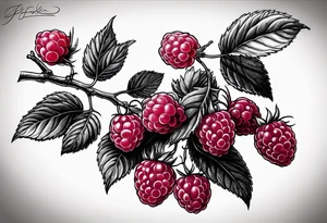 a long raspberry branch that focuses on line work. Includes a small signature somewhere that is signed "Popkin" tattoo idea