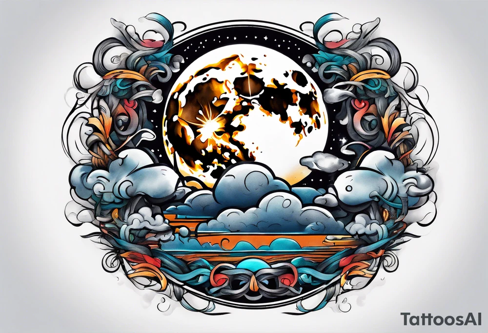 Moon surrounded by ribbons of smoke tattoo idea