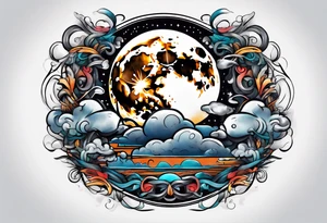 Moon surrounded by ribbons of smoke tattoo idea