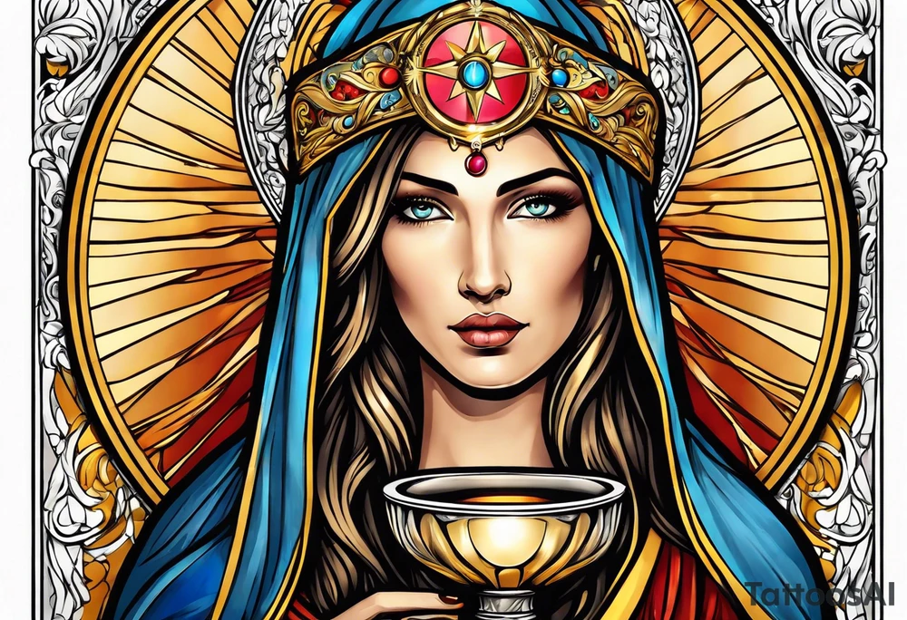 holy saint woman with golden halo holding a chalice tattoo idea
