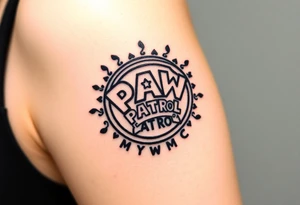 Paw Patrol Badge with footprints chasing letters KMC around the outside staggered tattoo idea
