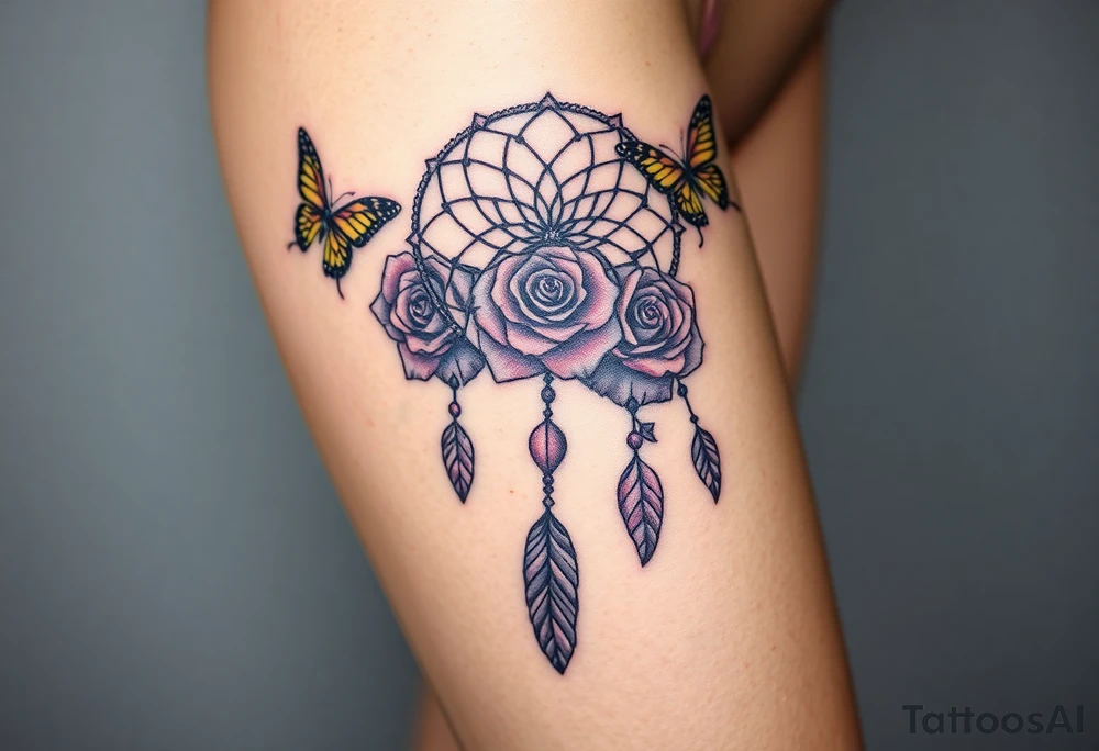 Dreamcatcher roses and butterflies tattoo idea