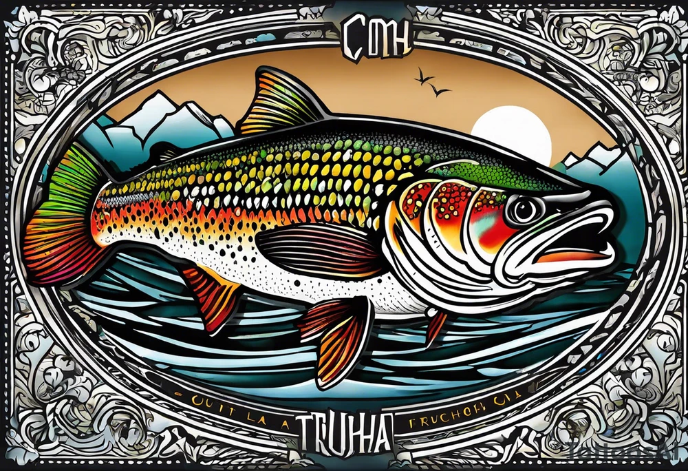 A small tattoo with a shaded trout and text that says, 'Como la trucha...' drawn with fine lines." tattoo idea