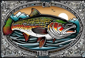 A small tattoo with a shaded trout and text that says, 'Como la trucha...' drawn with fine lines." tattoo idea