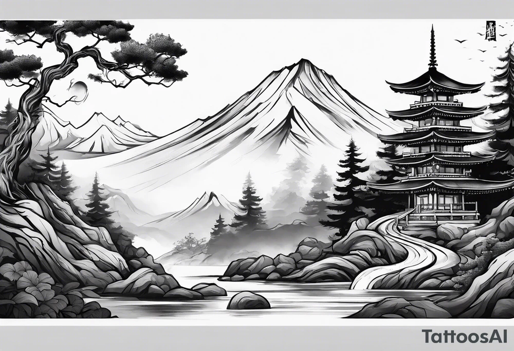 Full arm sleeve, tree going up to shoulder dead tree going down to wrist, wrapped in a serpent moving down with mountain and water elements tattoo idea