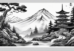 Full arm sleeve, tree going up to shoulder dead tree going down to wrist, wrapped in a serpent moving down with mountain and water elements tattoo idea