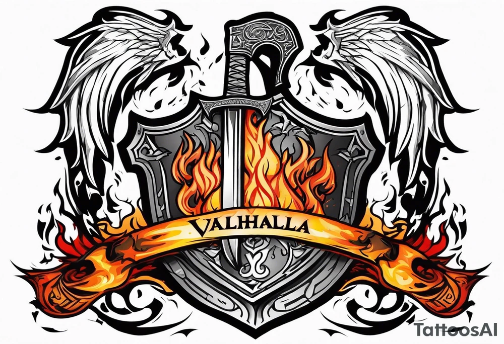 valhalla on fire battle 
sword shield axe tattoo idea