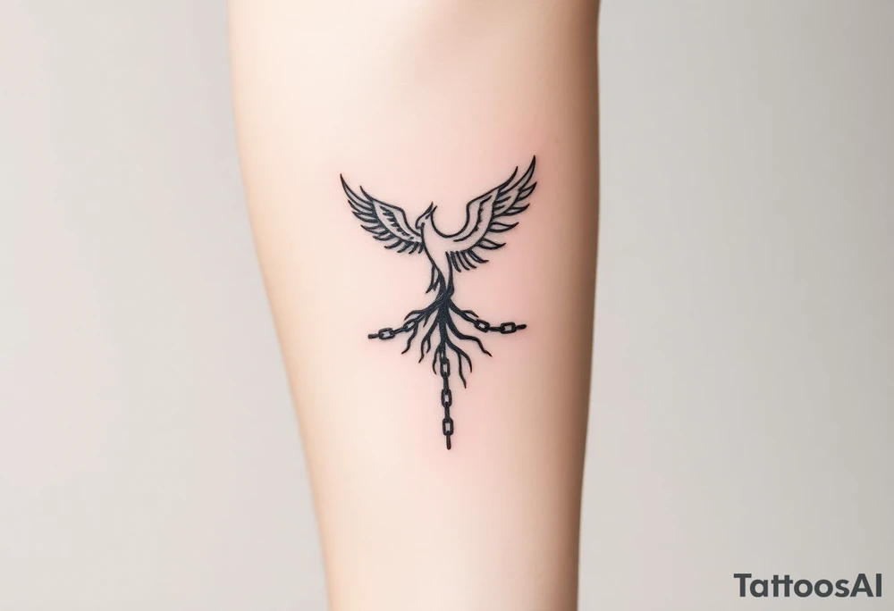 Design a minimalist tattoo: a phoenix or tree breaking chains, symbolizing freedom from addiction and rebirth. Include dates 21.02 and 22.02 subtly. Emphasize self-love, dignity, and inner strength. tattoo idea