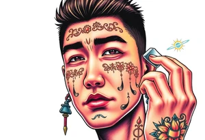 Handsome Asian young guy is putting ritual symbols on his face tattoo idea