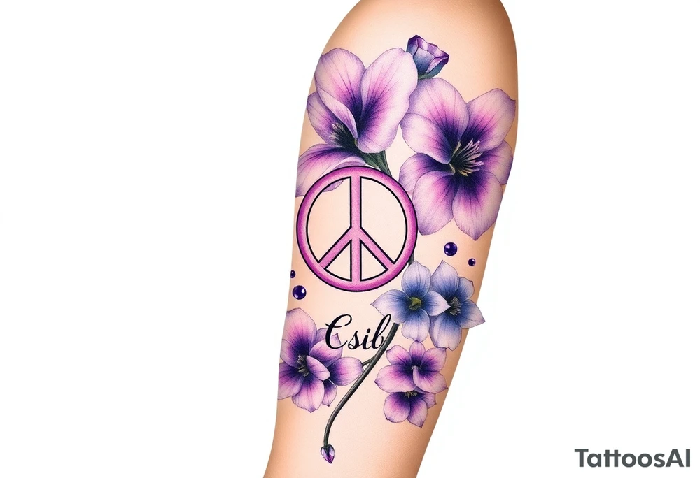 Intertwined Violets, peace symbol, Pisces symbol, dog prints, amethyst, initials csb in cursive font tattoo idea