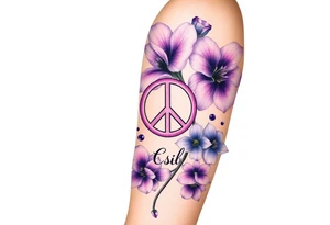 Intertwined Violets, peace symbol, Pisces symbol, dog prints, amethyst, initials csb in cursive font tattoo idea