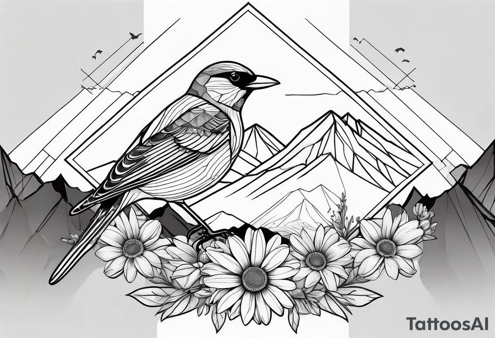 Geometric Black and white bird outline with mountains in distance and a daisy tattoo idea