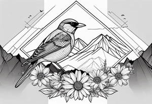 Geometric Black and white bird outline with mountains in distance and a daisy tattoo idea