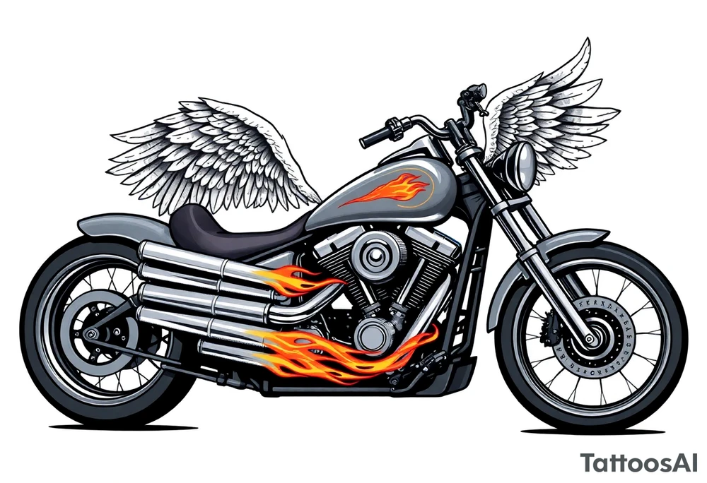 Low rider grey motorcycle, big muffler pipes with flames, angel wings, driving away, no person tattoo idea