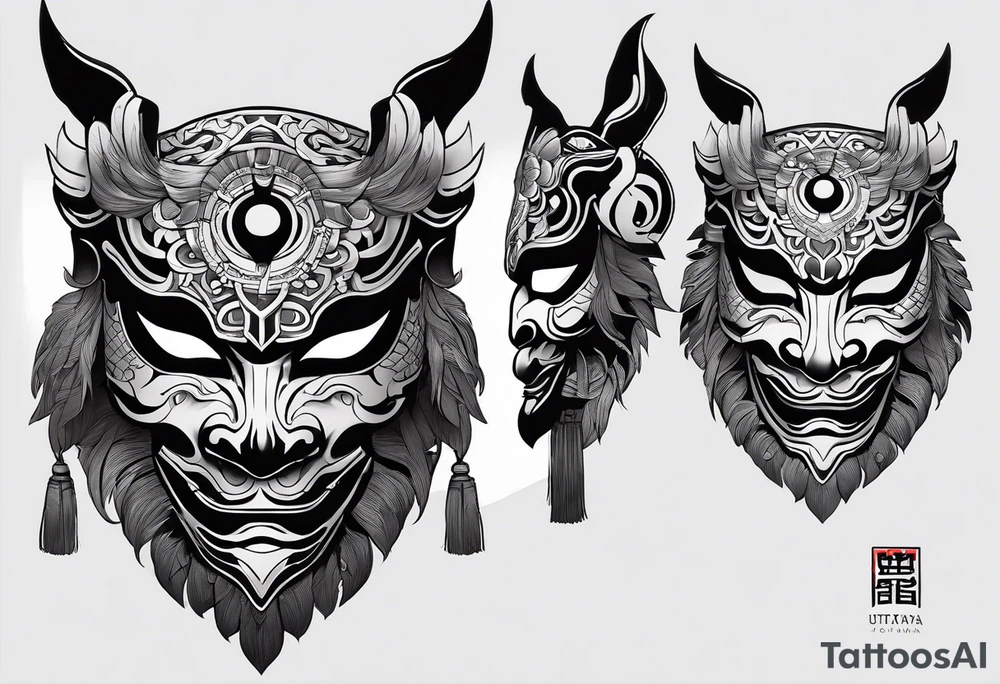 hanya mask on the shoulder, mask from ghost of Tsushima, hanya mask with three eyes tattoo idea