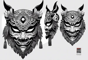 hanya mask on the shoulder, mask from ghost of Tsushima, hanya mask with three eyes tattoo idea