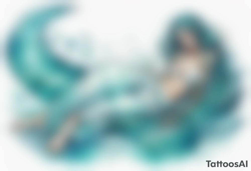 A beautiful undine with turquois scales wearing a white robe, laying on the shore tattoo idea