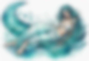 A beautiful undine with turquois scales wearing a white robe, laying on the shore tattoo idea