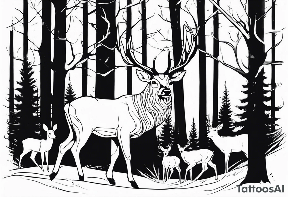 a large majestic male with large antlers, a graceful female and a small fawn. In the background, majestic trees, such as spruce and birch, tattoo idea