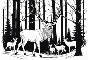 a large majestic male with large antlers, a graceful female and a small fawn. In the background, majestic trees, such as spruce and birch, tattoo idea