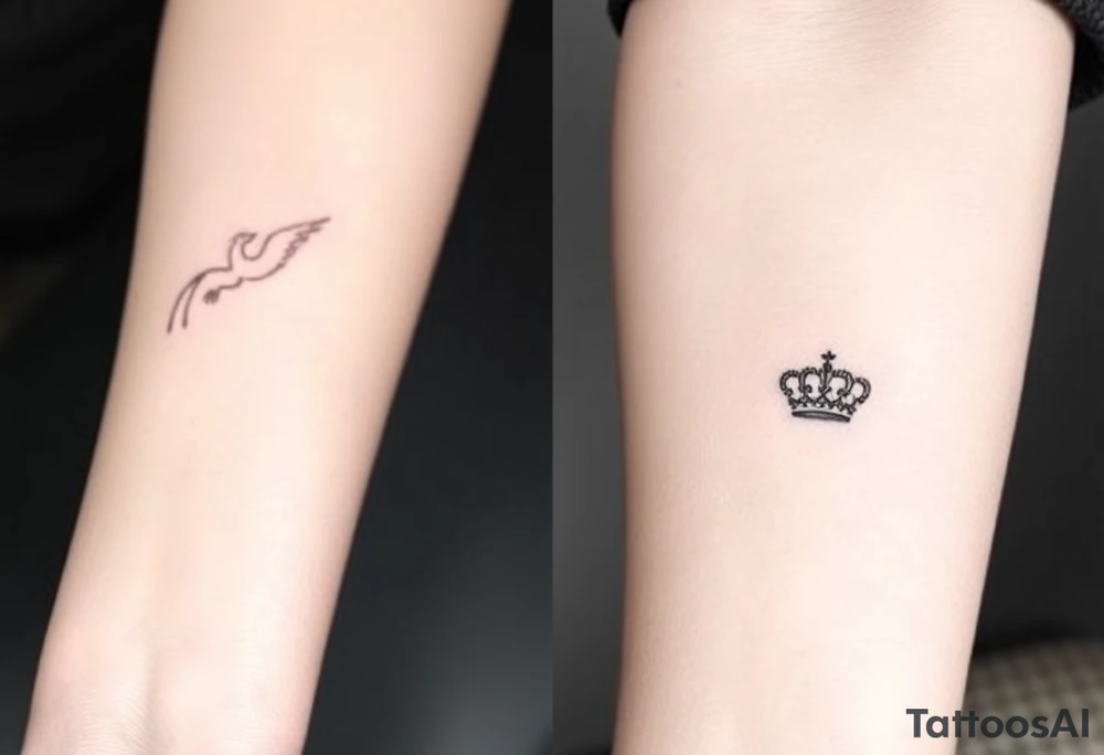 Minimal phoenix and crown fine lines tattoo idea