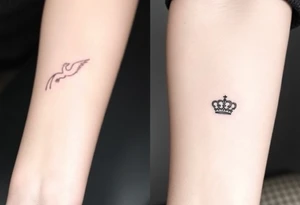 Minimal phoenix and crown fine lines tattoo idea