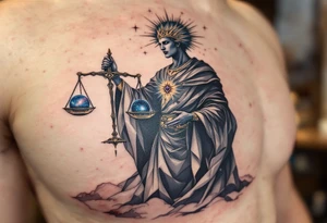 A celestial judge with cosmic robes, holding a scale with galaxies in each pan, symbolizing divine karmic justice. tattoo idea