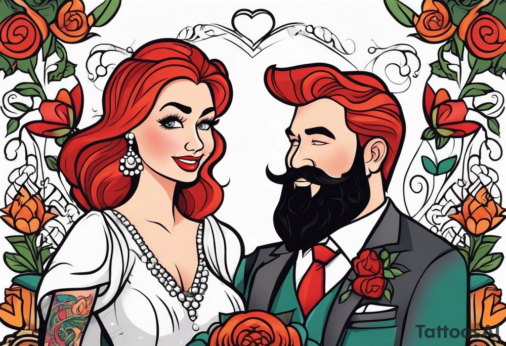 Busty red haired woman with a bearded man who has black hair getting married tattoo idea