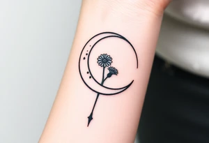 Small black and white tattoo waxing crescent moon with small Daisy birth flower and tiny Leo gliph tattoo idea