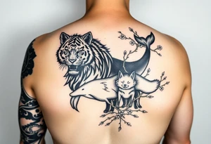 this is a full arm sleeve. All black with a wolf, tiger, whale and fox with sakura branches tattoo idea
