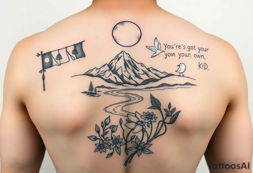 create an upper arm sleeve with buddhist prayer flags, mountain, river, "you're on your own, kid", little blue bird, daffodil, and full moon tattoo idea