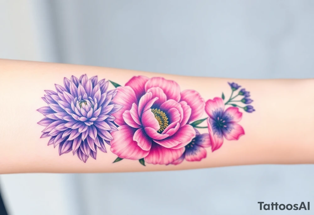 Purple Chrysanthemum, pink Peony, and dark blue Larkspur bouquet tattoo idea