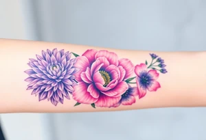 Purple Chrysanthemum, pink Peony, and dark blue Larkspur bouquet tattoo idea