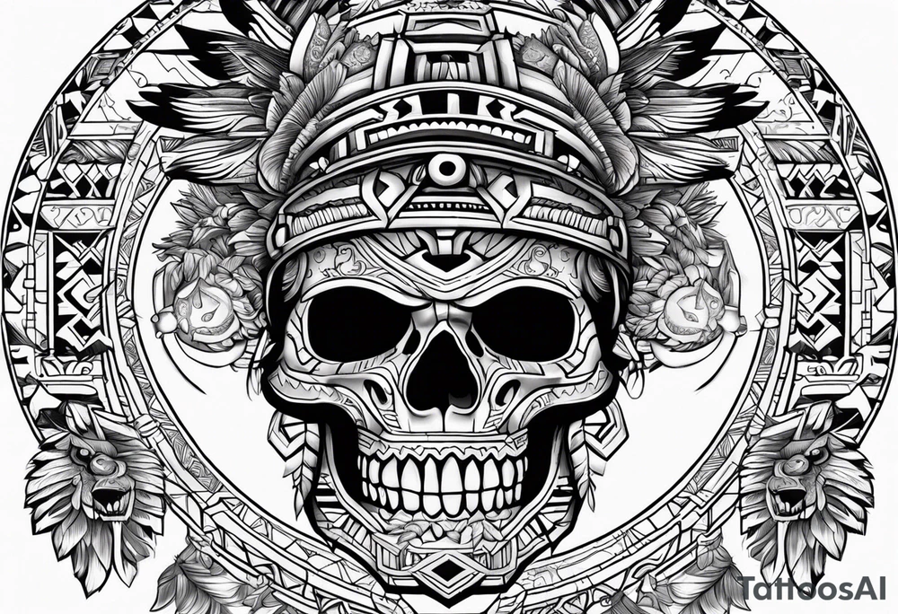 Aztec skull with eagle, tiger and Aztec symbols signifying resilience tattoo idea