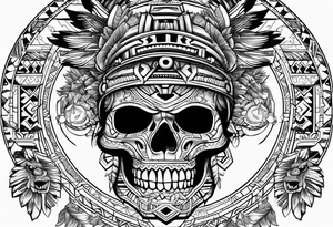 Aztec skull with eagle, tiger and Aztec symbols signifying resilience tattoo idea