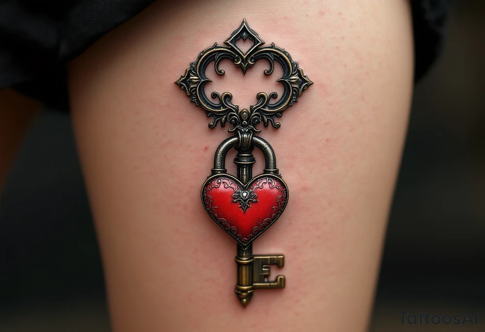 A detailed skeleton key with intricate engravings, paired with a large love lock hanging from the key. The lock’s shape is heart-like, and the key’s bow is decorated with an elegant filigree pattern. Deep bronze for the key and lock, with silver accents to highlight the engravings, and a pop of soft red for the heart-shaped lock. tattoo idea