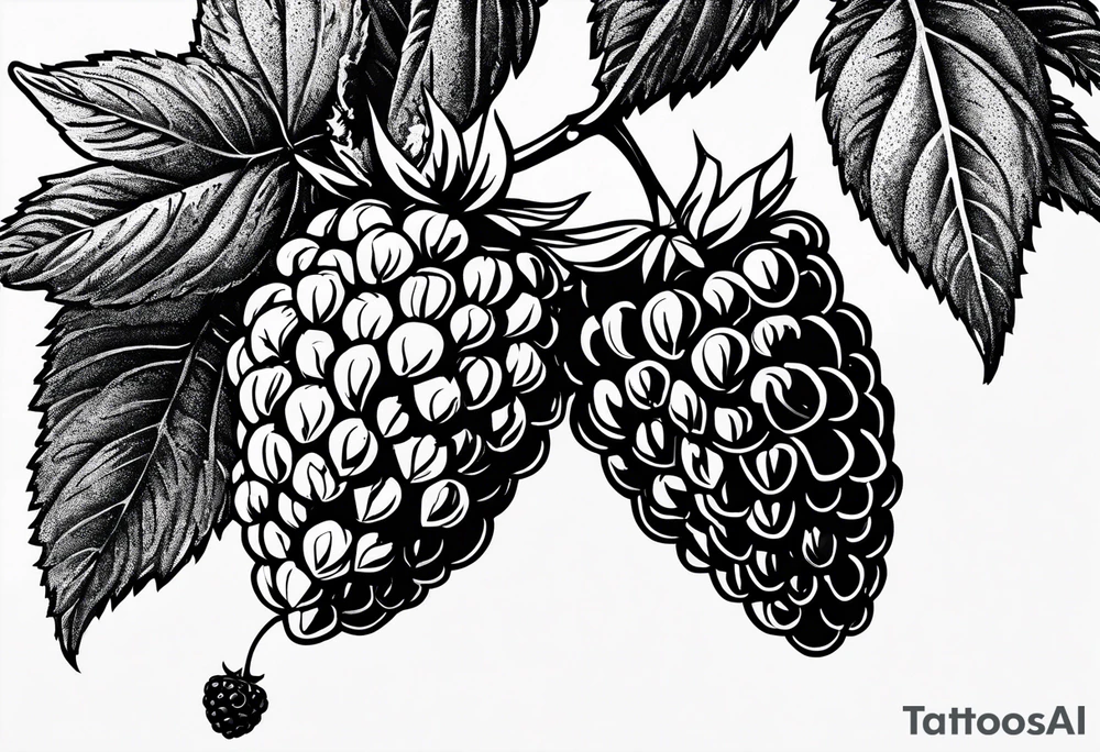 a single long raspberry branch with lots of leaves that is hanging upside down in black and white tattoo idea