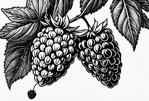 a single long raspberry branch with lots of leaves that is hanging upside down in black and white tattoo idea