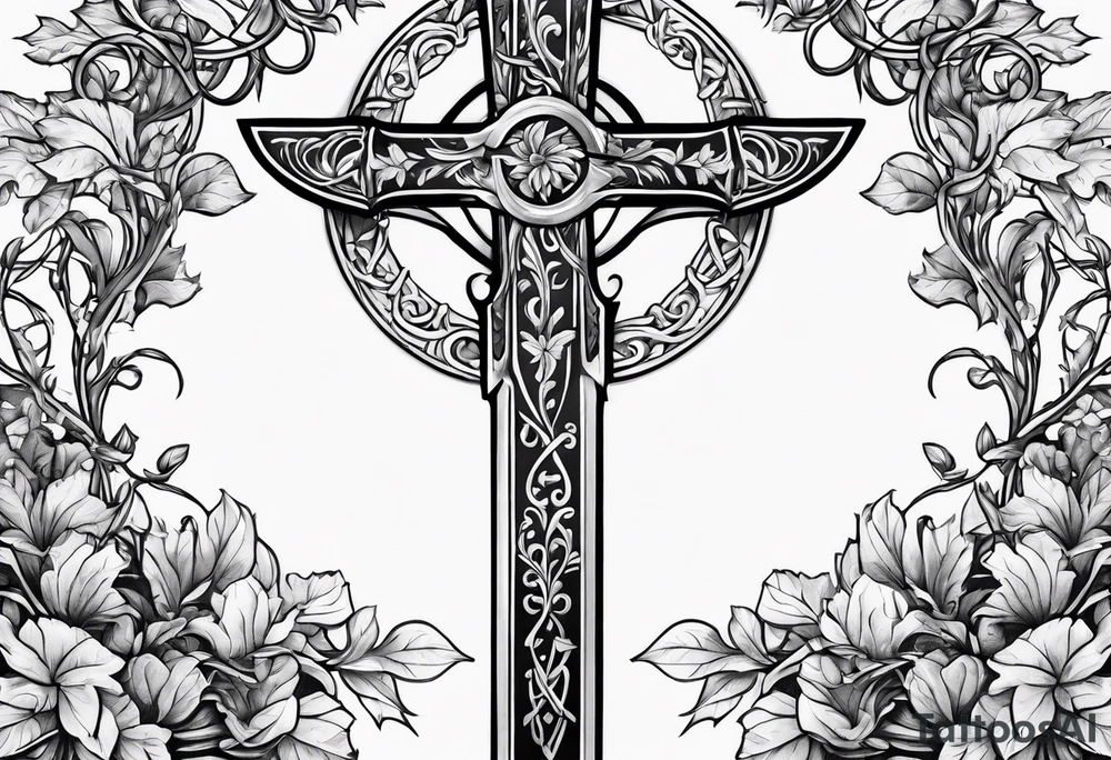 Leafy vines with sword tattoo idea
