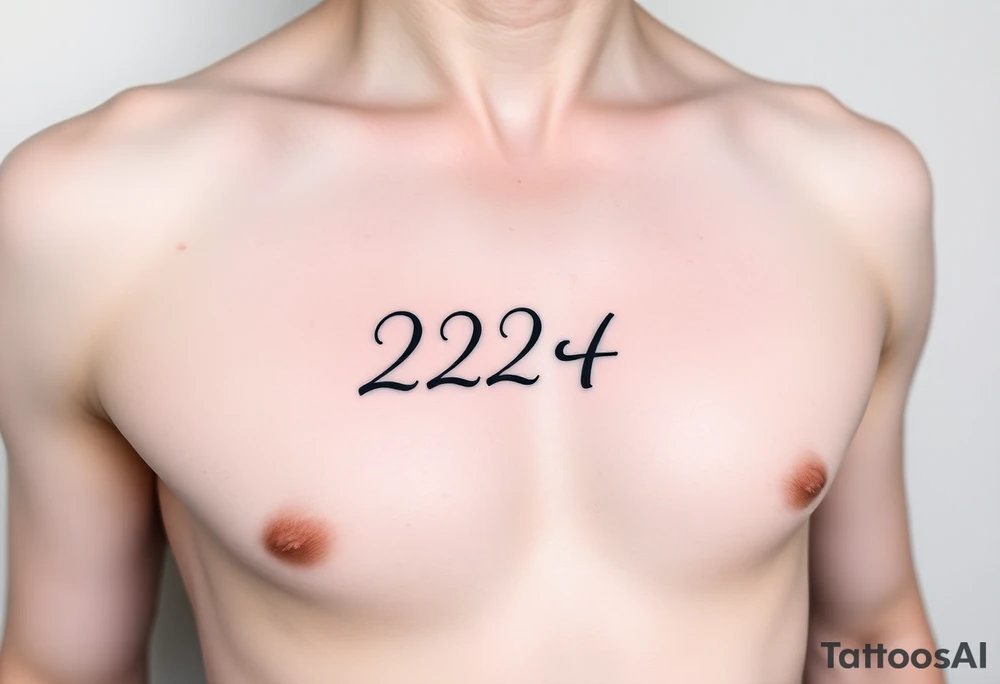 224 tattoo on ribcage under chest left side an elegant handwritten calligraphy style. The digits are slightly italicized with a smooth flowing script. The lines are clean, refined, and slightly bold at the base, giving a subtle brush-pen effect. tattoo idea