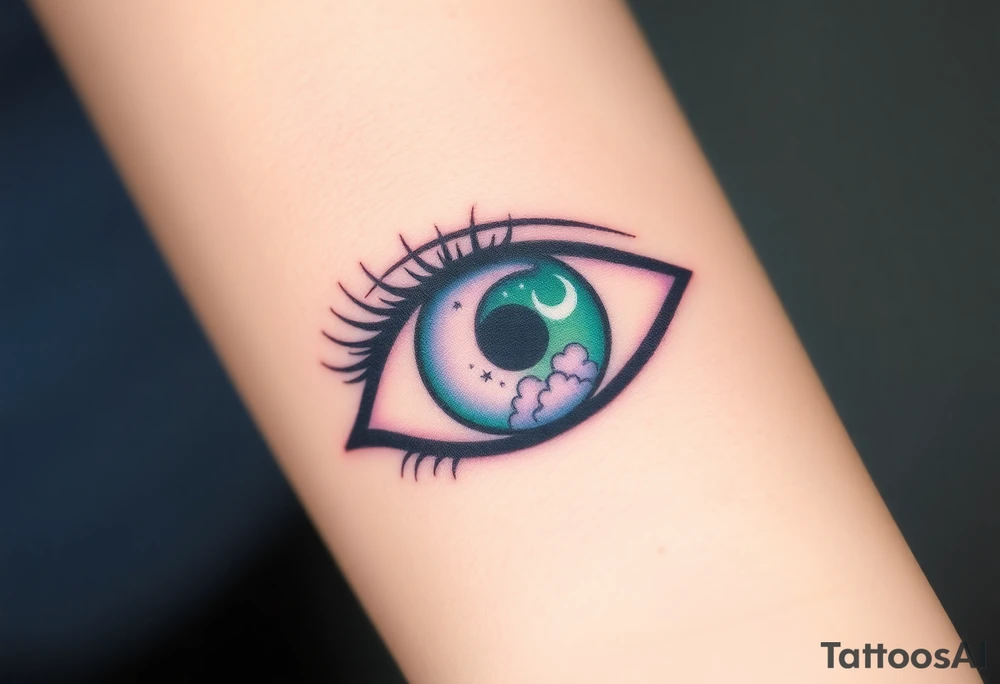 Large outline of an eye shaped like an almond with eye colored greenish blue with long pretty black eyelashes + spade inside of the eye + a crescent moon stars and clouds inside of the eyeball only + using vivid colors like blue green purple light blue light green light purple tattoo idea