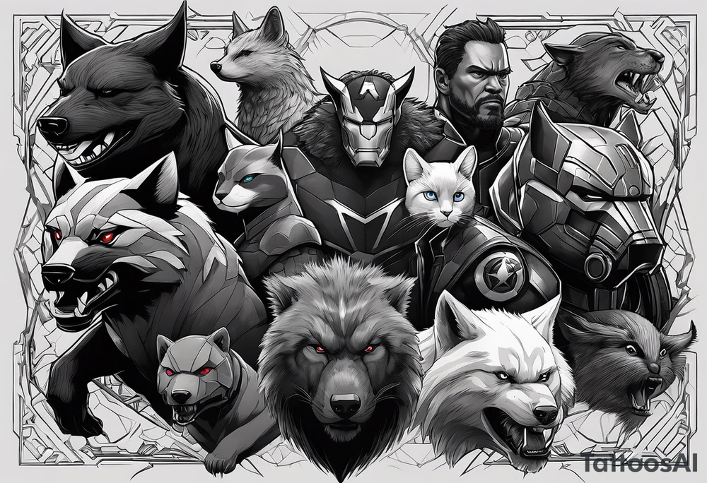 I want to change Avengers Team characters with animals. Hulk will be Badger, Thor will be Alpha Grey Wolf, Captain America will be Bull, Iron Man will be Canary, Black Widow will be Axolotl, Hawk Eye will be Sudan Plated Lizard and Nick Fury will be Cat. tattoo idea