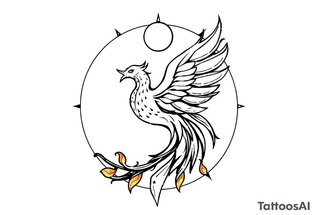 magical phoenix rising from golden flames with trailing embers surrounded by geometric sun and moon tattoo idea